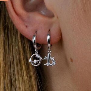 925 Sterling Silver Airplane Charm Hoop Earrings